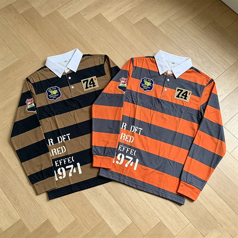 Camisa Polo Masculina Retrô Listrada Estilo Rugby com Patch 1974, Manga Longa, Gola, Design Color Block, Casual, Streetwear, Verão, Nova