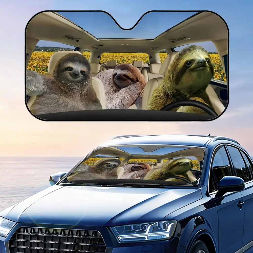 Cute Sloth Driving Sun Visor Visor Reusable Aluminum Foil UV Protector Suction Cups Heat Three-layer Insulation