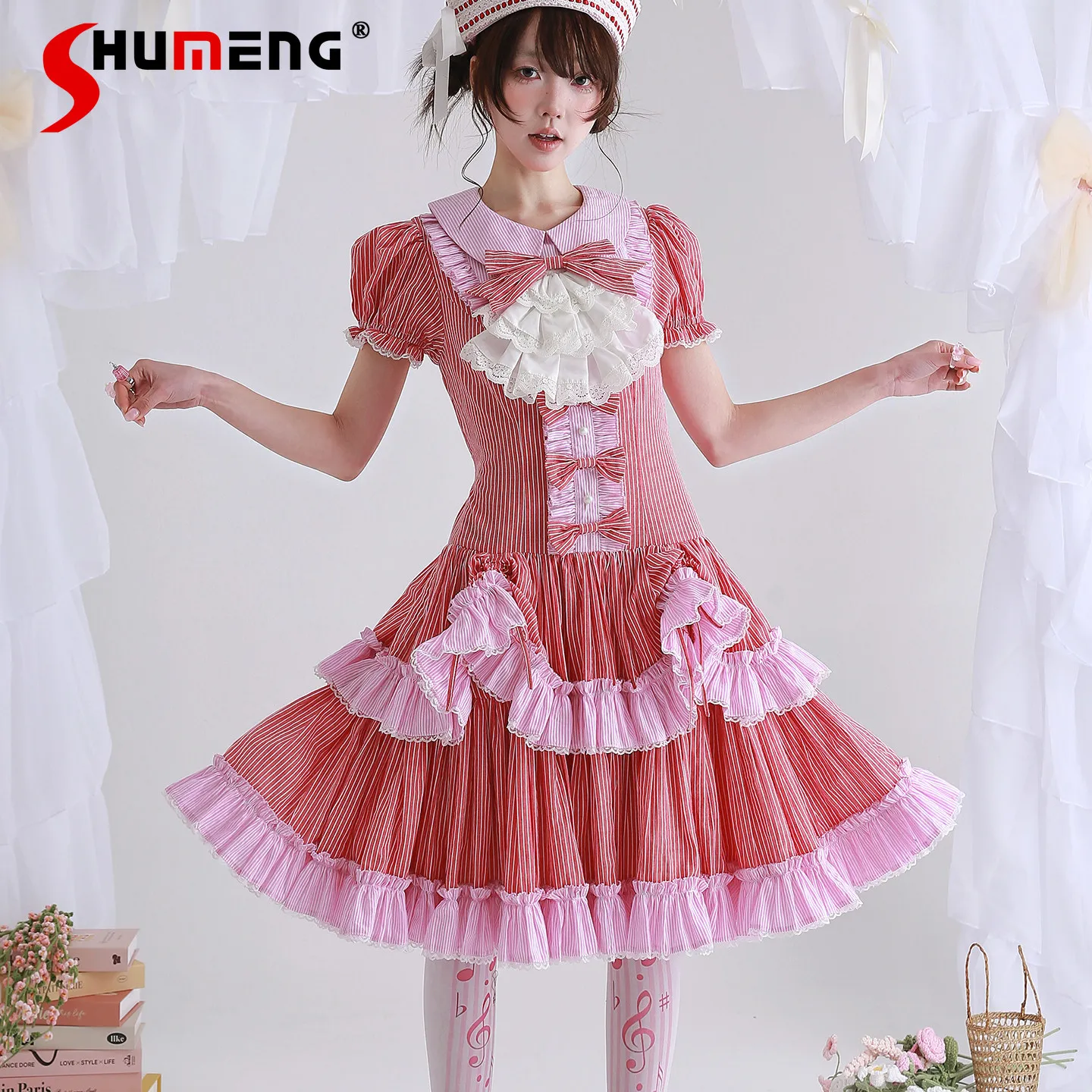 

Original Japanese Vintage Lolita Dress Summer New Kawaii Girls Loose Skinny Casual Short Sleeve Dress Lo Sweet Knee-length Dress