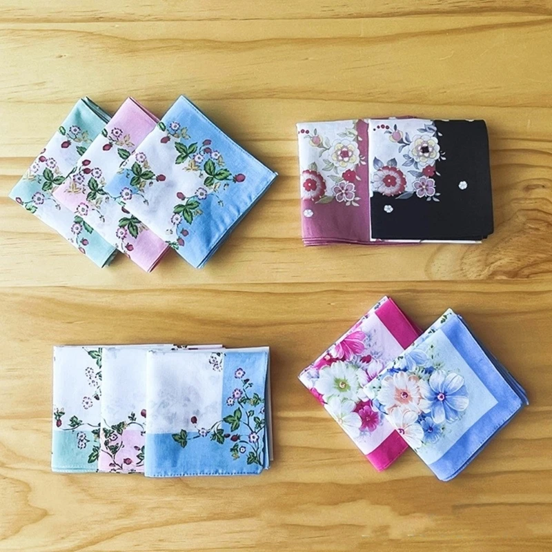 12PCS Flower Print Handkerchief Women Men High Absorbent Sweat Towel Travel Hand Towel Square Pocket Casual Handkerchief