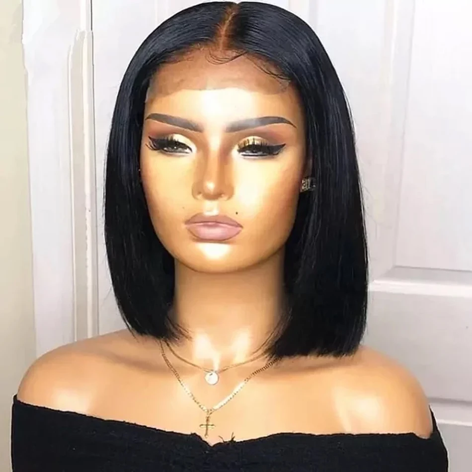 

Short Bob Bone Straight 13x4 Lace Frontal Wig 200% Density Brazilian 100% Human Hair 4x4 Lace Front Wigs For Black Women 14 Inch