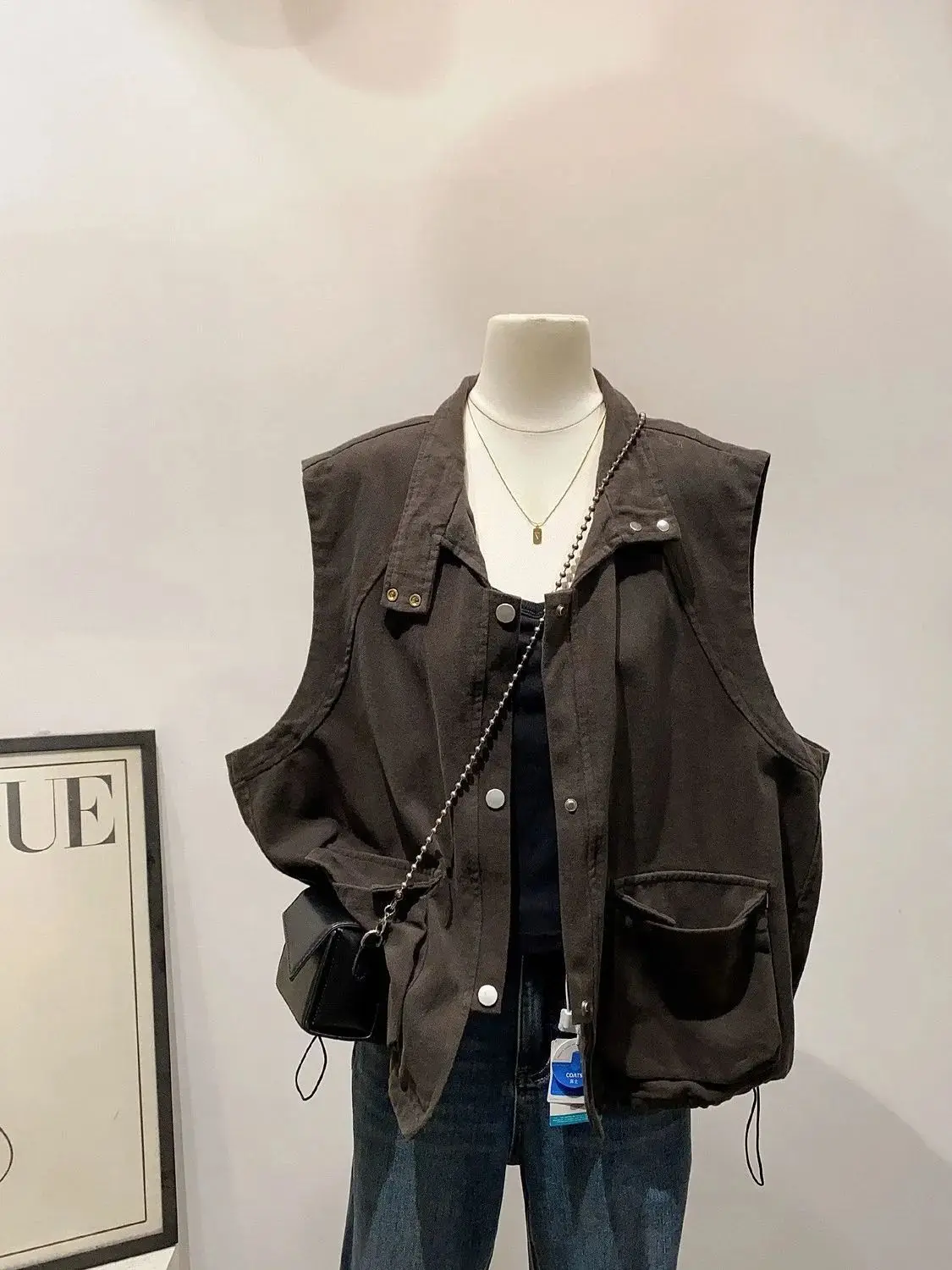 Women Spring Summer Chic Simple Stand Collar Cargo Vest Solid Cropped Sleeveless Waistcoat Casual Layering Outerwear