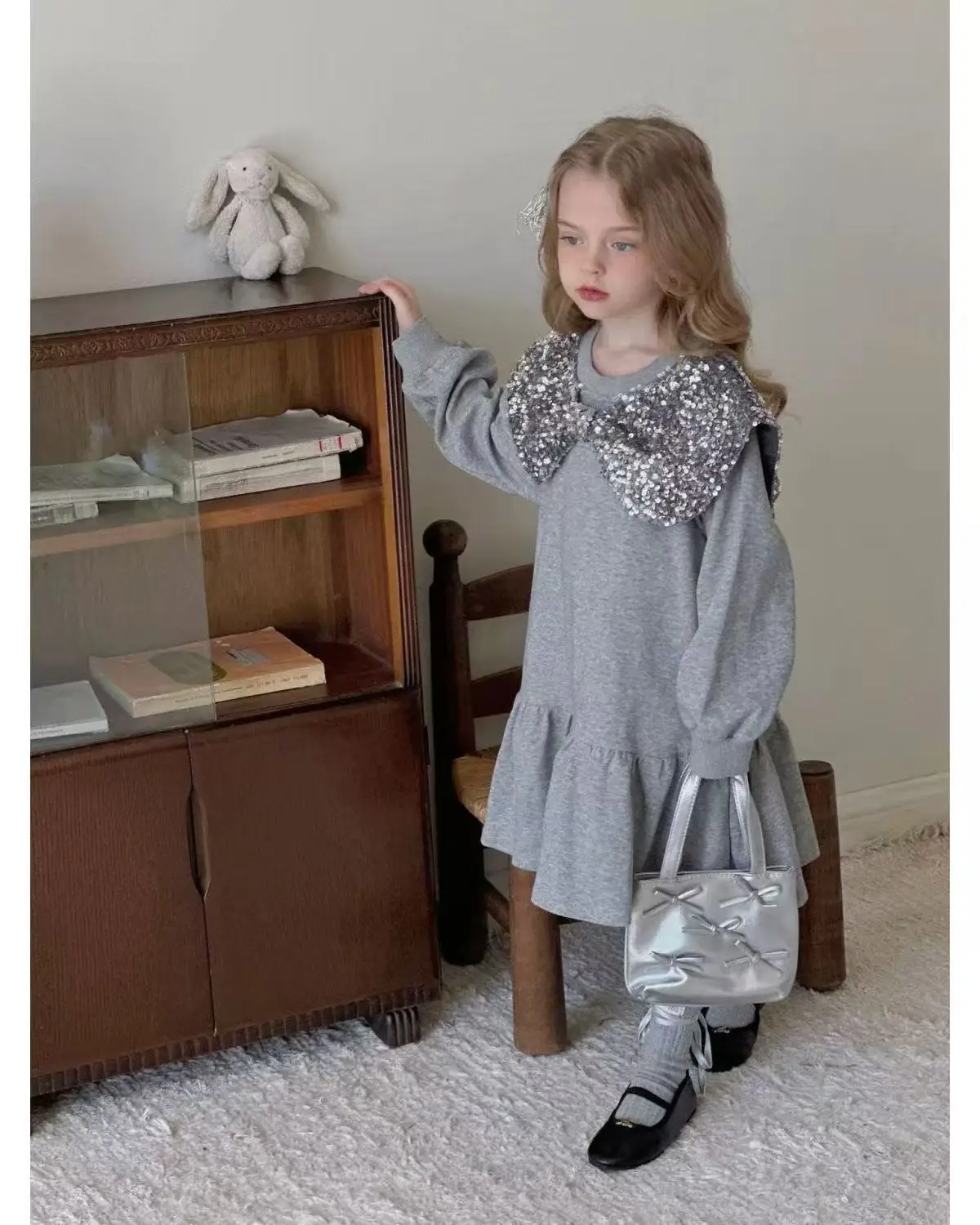 

Kids Girls' Dress Spring and Autumn Children's Sweet Bow Mid length Long sleeved Princess Dress 80-130cm