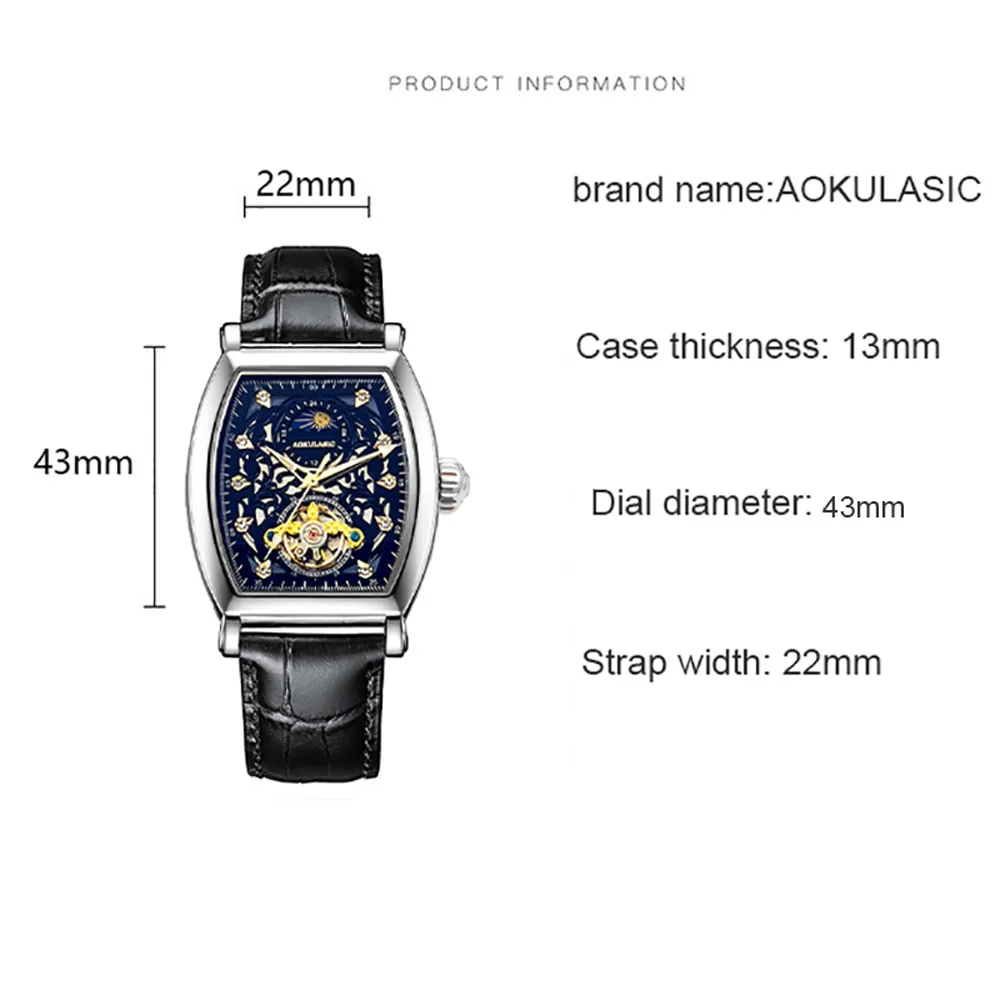 Aokusaic Luxury Brand Mechanical Wristwatch Men's Fashion Casual Leather Bucket Watch Hollow-out Transparent Clock Reloj Hombre