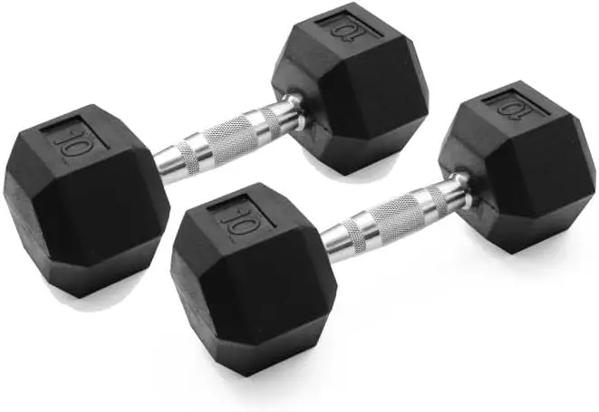 

Гексагональные резиновые гантели с металлическими ручками для интенсивных тренировок, продаются поштучно или в комплекте из 2 штук.