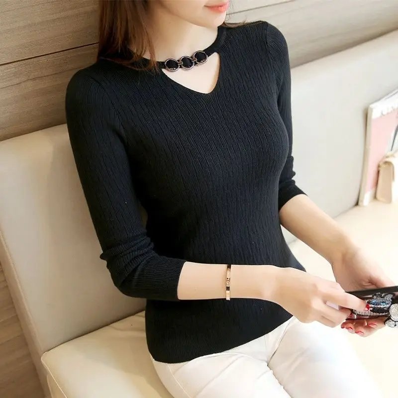 Korean Clothing Autumn Winter New Hanging Neck Sweater Women Solid Slim Hollow Elastic Fashion Long Sleeve Bottoming Knitted Top