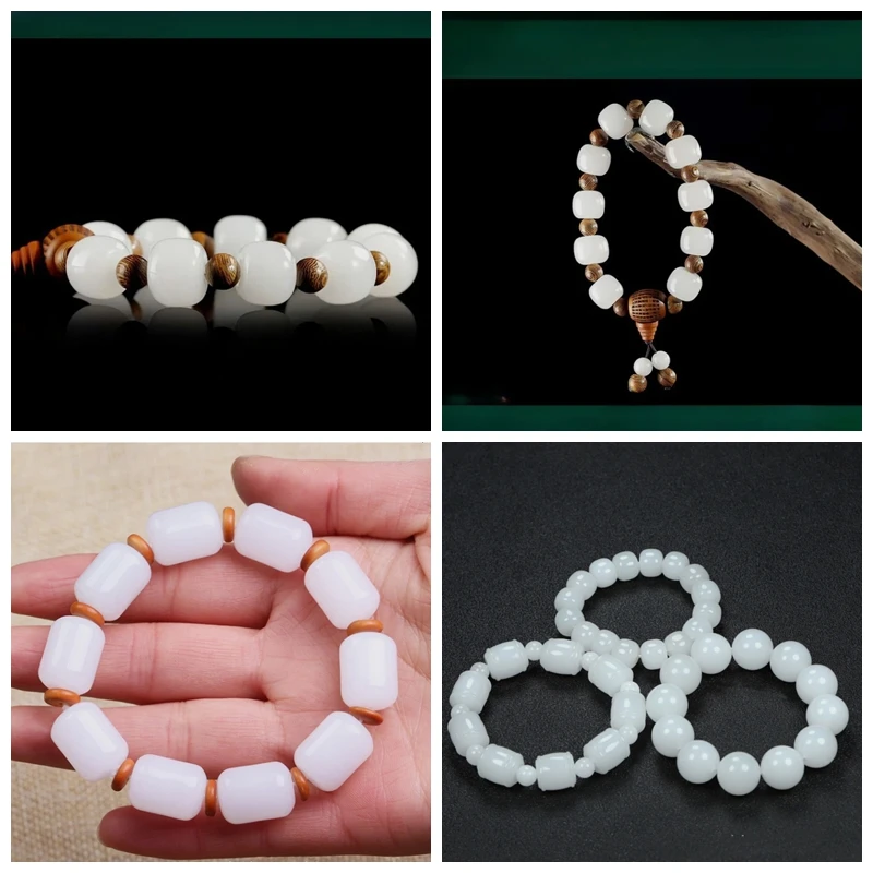 White Jade Golden Jade Old Shape Bead Bracelet Jade Men's Large Round Bead String