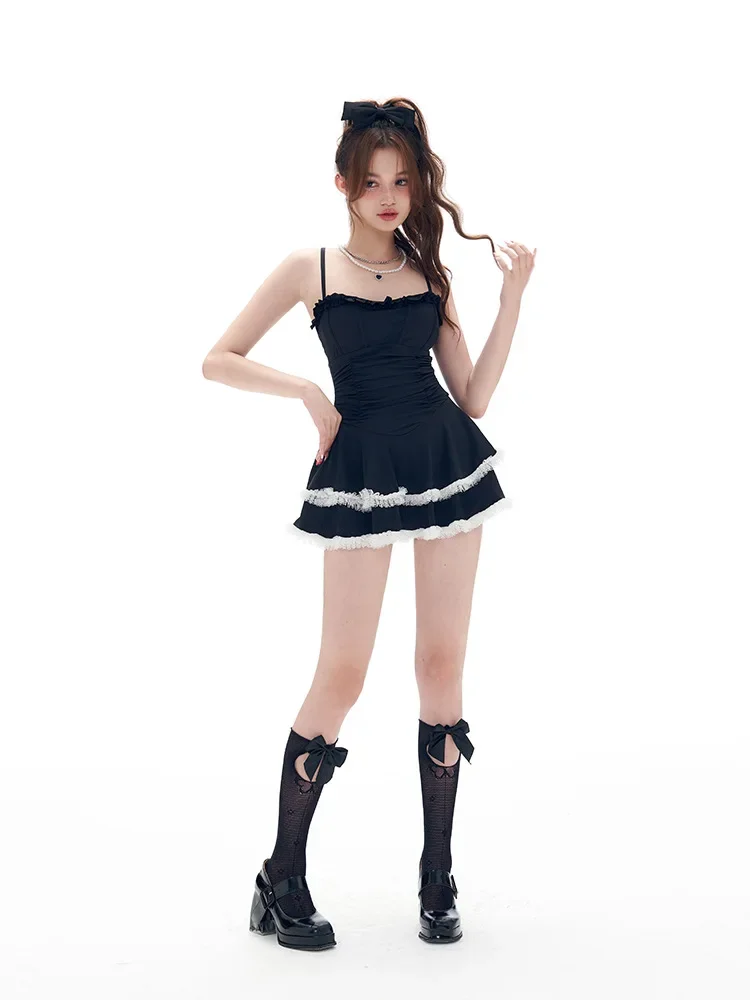 Gothic Lolita Ruffle One Piece ชุดว่ายน้ําสาวหวานชุดว่ายน้ํา Slip Dress Halter ชุดบิกินี่ Hot Spring ชุดว่ายน้ํา Dropship