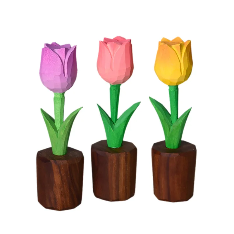 

Wooden Carved Flower Hand-carved Wooden Ornaments Tulip Bouquet Girl Flower Desktop Decoration Ornaments For Car Wooden Bouquet