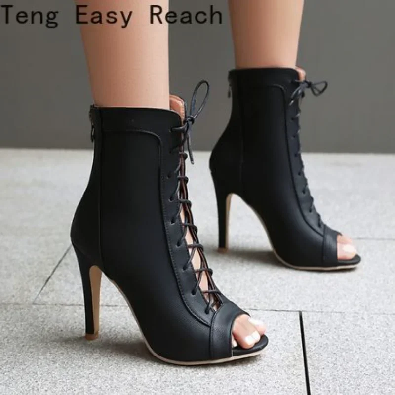 Women's Hollow Out High Heels Boots Women Lace-Up Peep Toe Stilettos Sexy Summer 2025 Trend Jazz Dance Female Shoes New