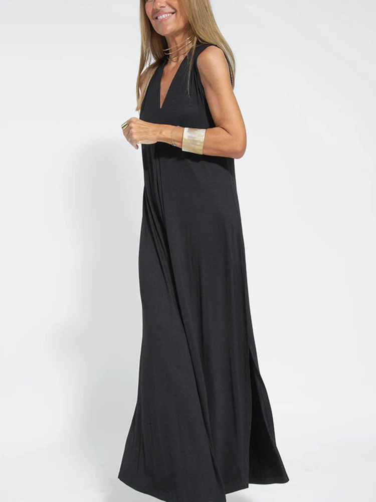 2025 New Solid Color Pullover V-Neck Beach Resort Elegant Long Dress Loose Sleeve Cardigan Casual Two Piece Se t