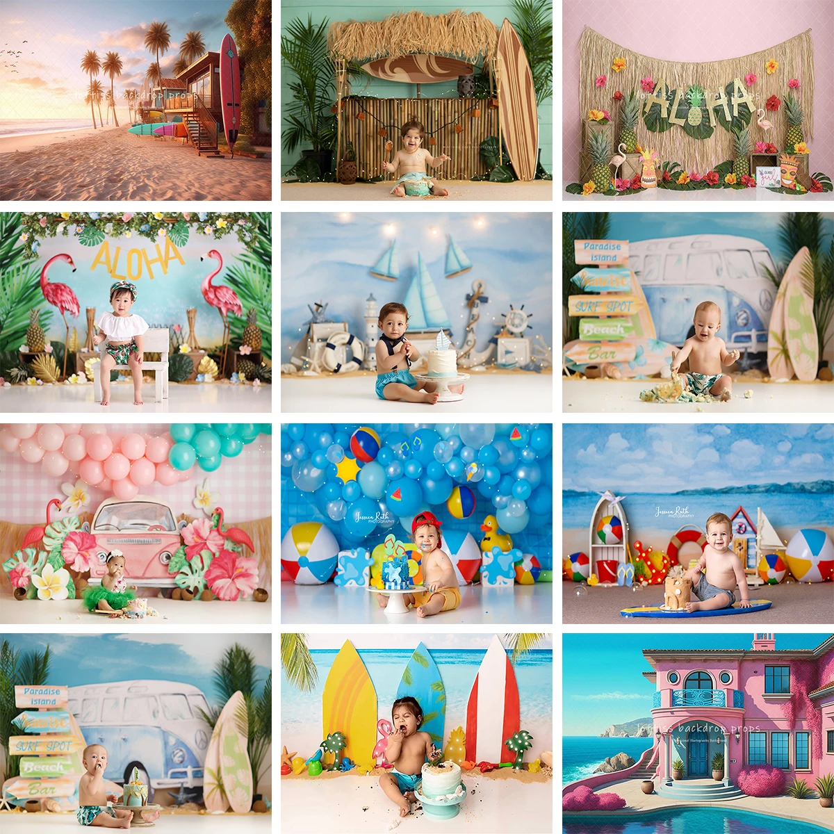 

Summer Beach Flamingo Backdrops Kids Baby Cake Smash Photography Child Adult Surfing Photocall Hawaii Palm Trees Backgrounds