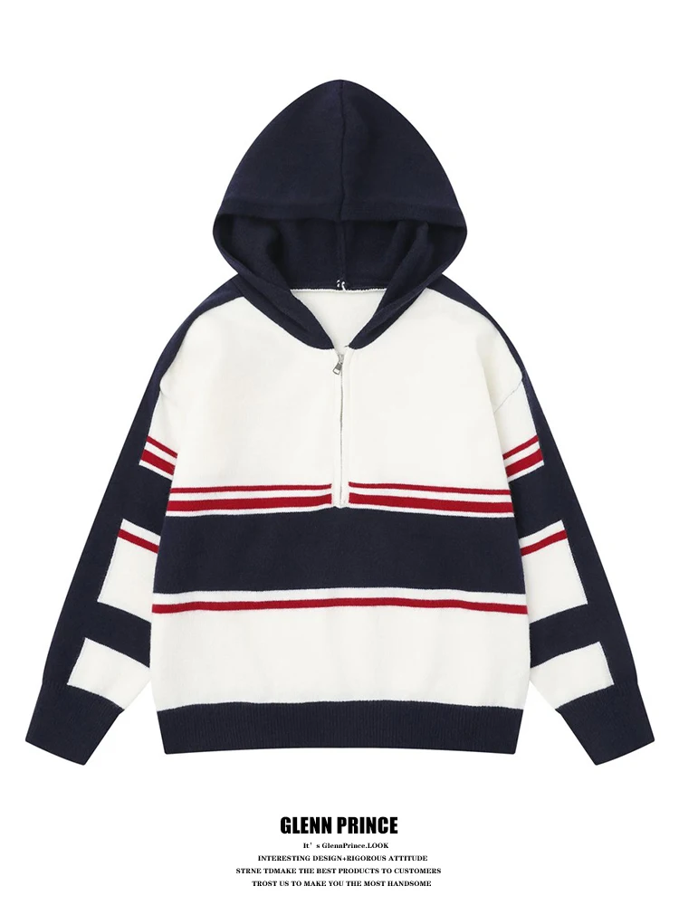 

Retro f Zip Color Blo Striped Knitted Sweater for Men Soft Nurtured Commute Sle Casual Loose Fit Long Sve Autumn Wear