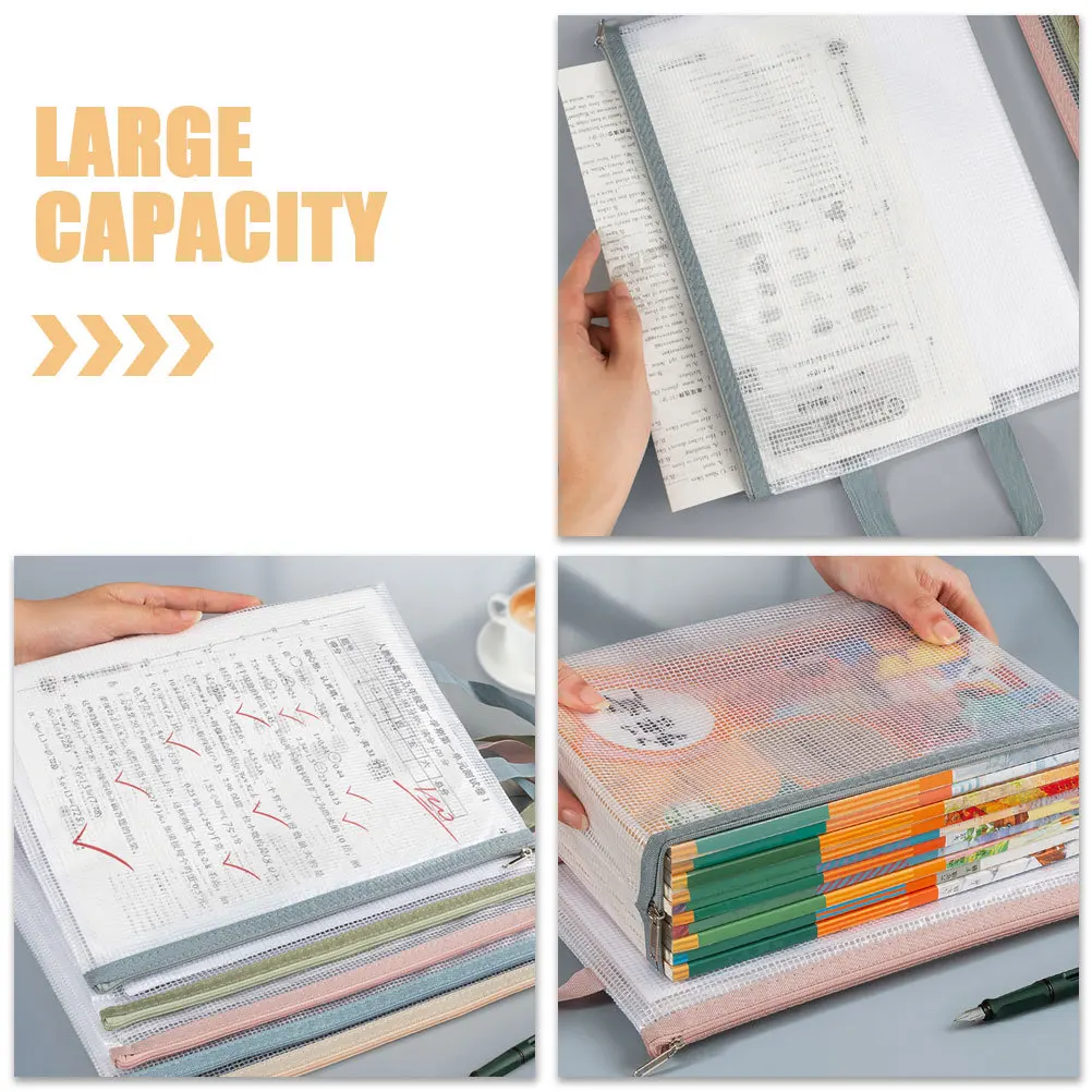 Bolsa de archivo de malla de gran capacidad, bolsa transparente con cremallera, organizador de documentos de mano para aula y oficina, 5 uds.