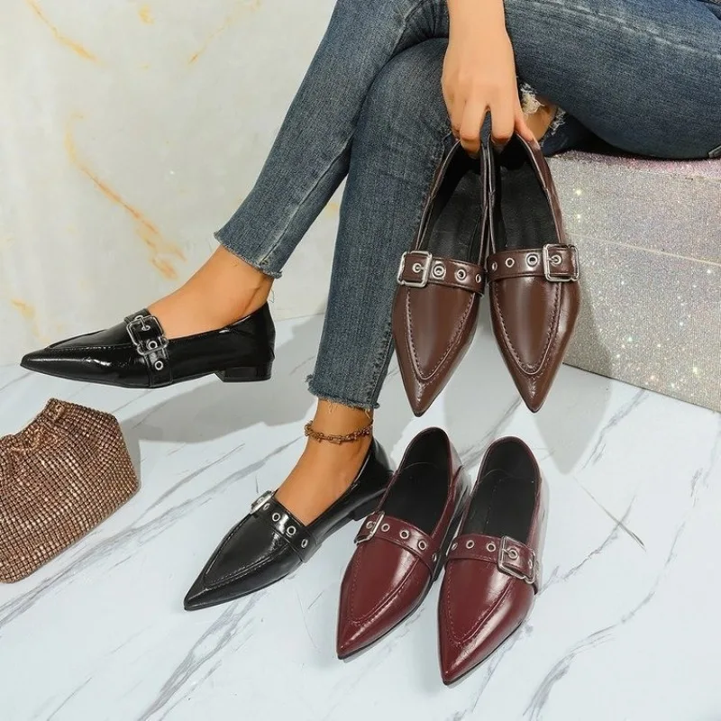 

French Pointed Low Heeled Shoes for Women, 2026 Spring New Style, Temperament Soft Leather Deep Mouth Flat Shoes, Loafers Shoes