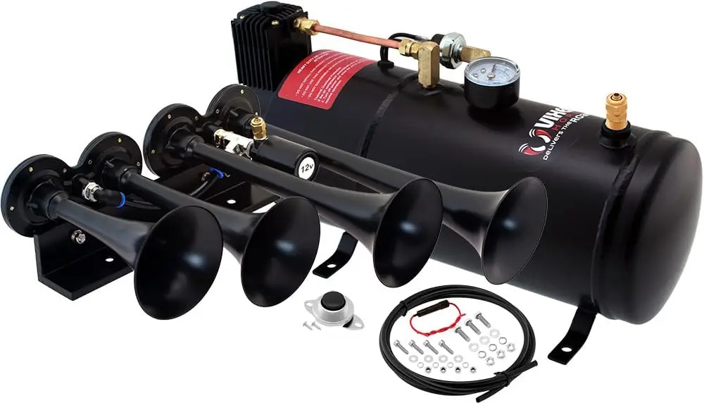 

Complete Onboard System- 150psi Air Compressor, 1 Gallon Tank, 4 Trumpets. Super