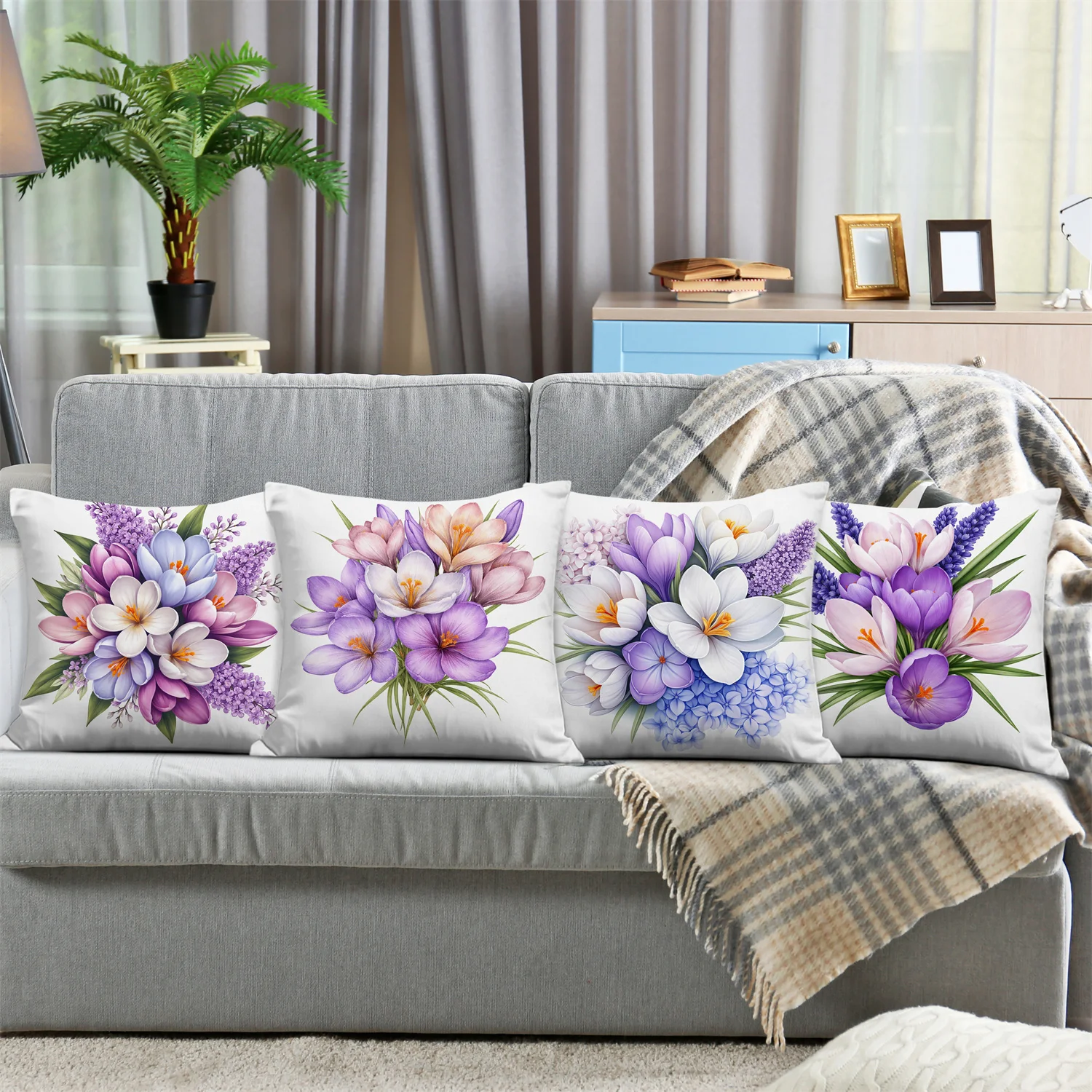 4pcs Floral lilac bouquet digital printing pillow cover Short plush Suitable living rooms bedrooms sofas throw cushion cover