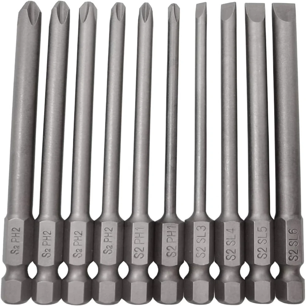 10 PCs Cross Head Bit Set Extra Long Bit Socket Set S2 Steel Bit Screwdriver Wrench Drill Bit Set 3.94 Inch Long Drill Bit Tools