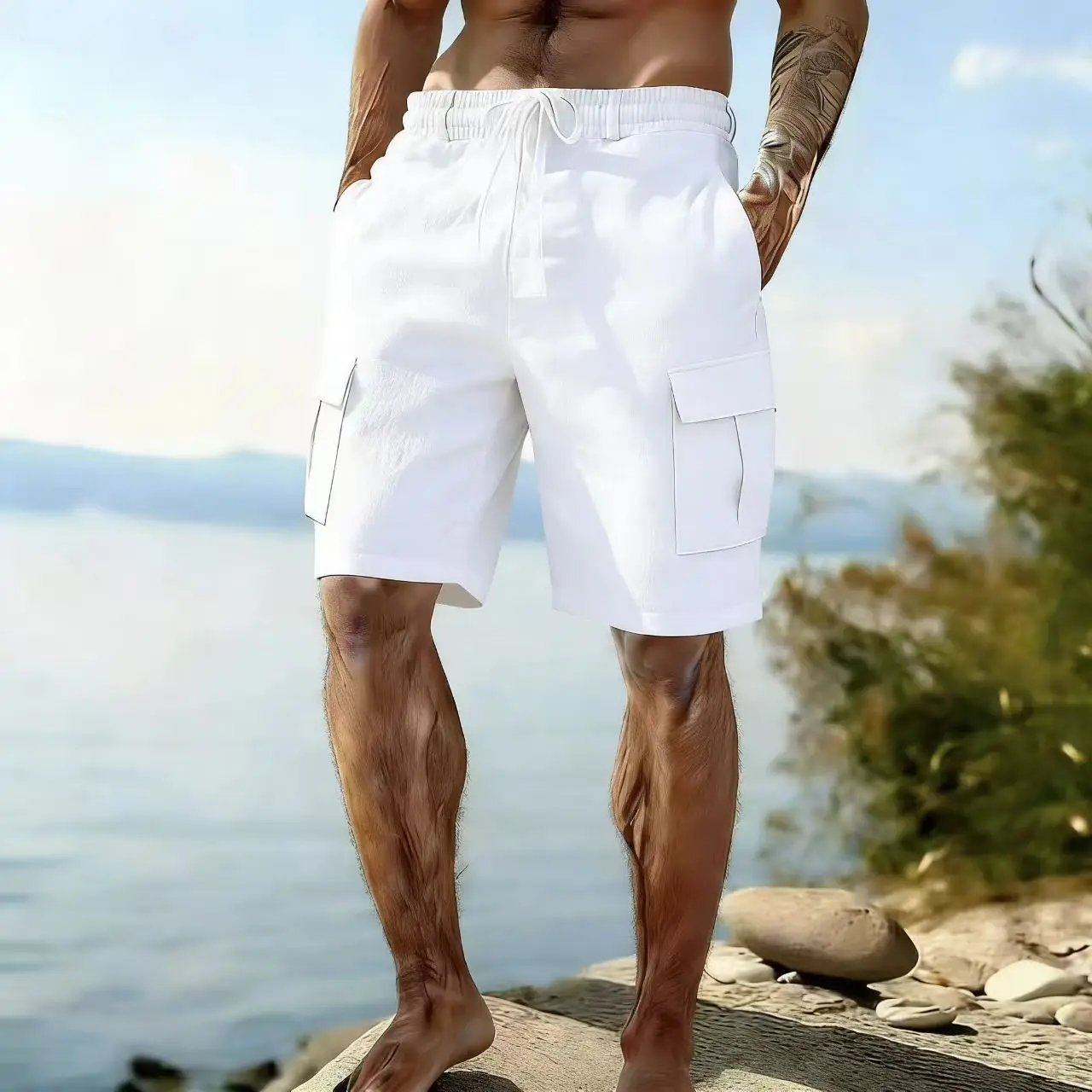 Men's Solid Color Casual Trendy Simple Basic Daily Wide Leg Straight Drawstring Elastic Waist Knee Length Shorts Male Clothes