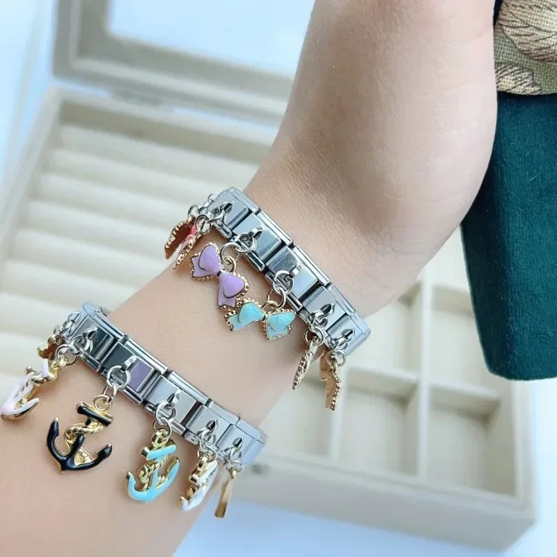 2024 Popular Bow Anchor Pendant Elastic Charm Italian Links Fit 9mm Modular Bracelet Making DIY Jewelry bulk image 6