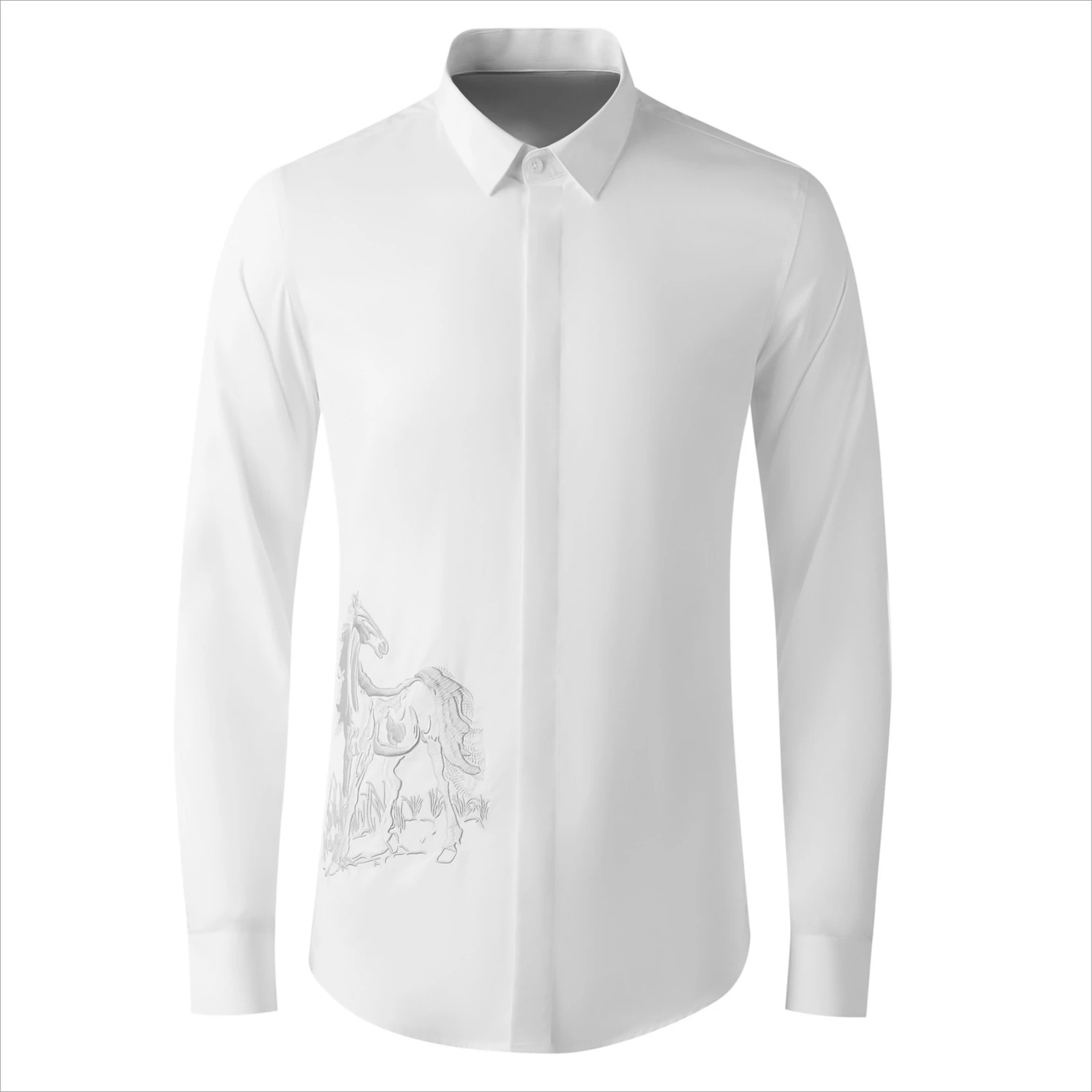 High-quality Men's Shirt Embroidered Horse Long Sleeved Shirt Chinese Style Slim Fit Casual Business Dress Shirts Men's Clothing