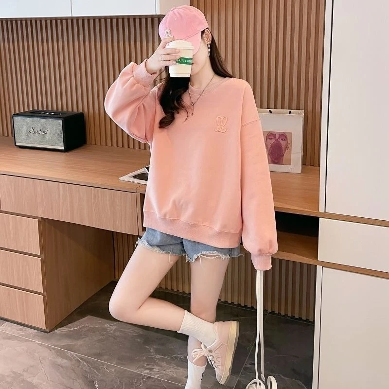 Womens Thin Round Collar Sweatshirt Loose Fit Versatile Chic Outerwear Spring Fall