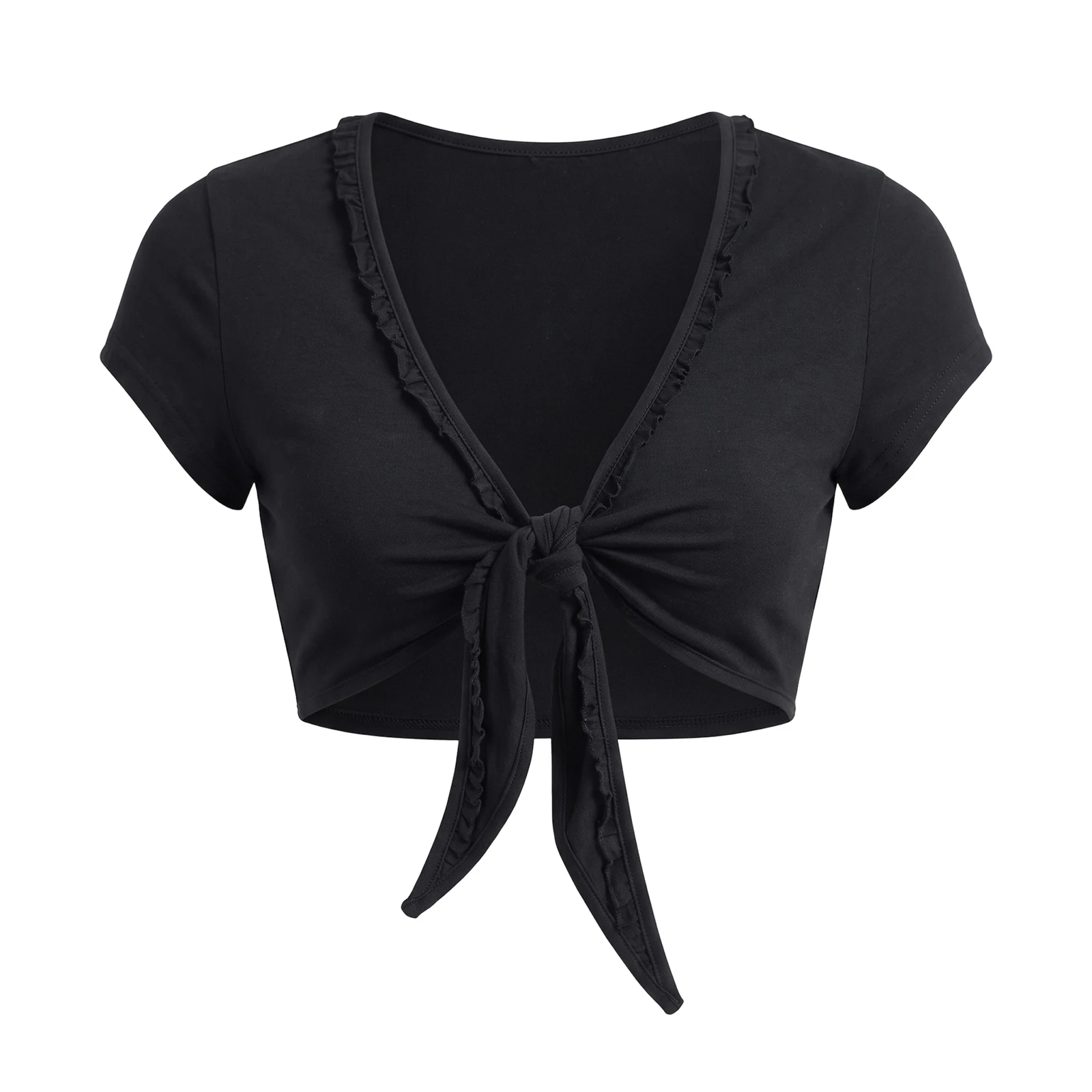 Women's Front Tie Bowknot Crop Top, Ruffle Trim Short Sleeve Cropped Tees Y2k Clubwear