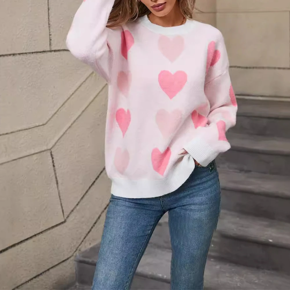 여성용 라운드 넥 풀오버 하트 스웨터 유럽과 미국 스타일의 겨울 패션 발렌타인 데이 복숭아 하트 디자인