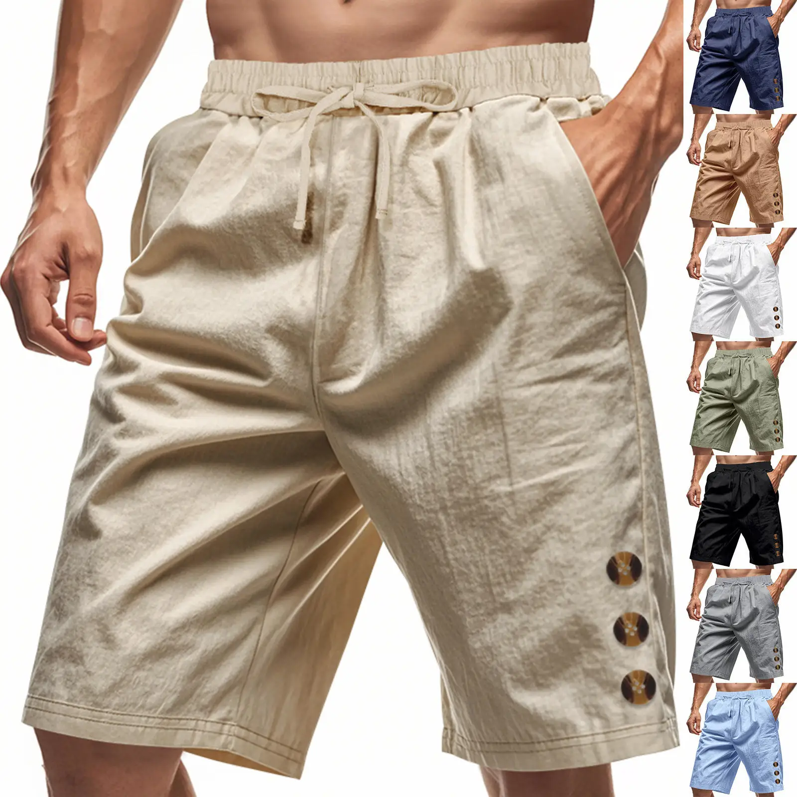 

Летние мужские свободные шорты из американского льна для пляжа, повседневные, на пуговицах, однотонные, спортивные, длиной до колена, удобные, дышащие, легкие