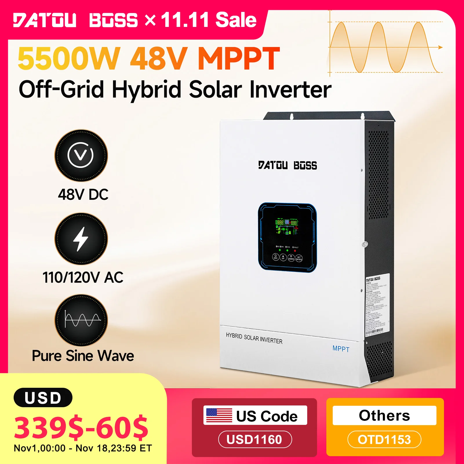 DATOUBOSS 48V 5500W Off-Grid Hybrid Solar Inverter 48V DC 110/120V AC Pure Sine Wave Built-in Charger Controller for U.S. Market Shipment From US Warehouse