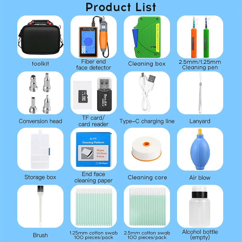 Fiber Optic Cleaning Kit With AUA-600 Fiber End Face Detector 400X Inspection 1.25MM/2.5MM Cleaner Pen Optical Fiber Cleaner Box