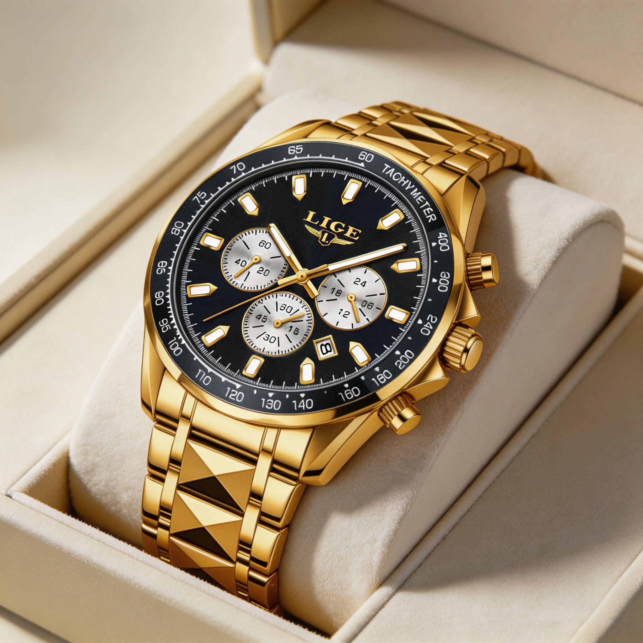 LIGE Fashion Golden Man Wristwatch Waterproof Stainless Steel Luminous Quartz Men's Watches Chronograph Date Sports Man Watch