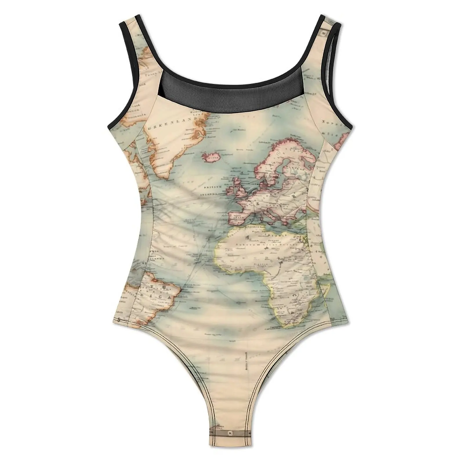 Vintage detalhado mapa do mundo maiô, Beachwear Sexy, mapa famoso, Push Up Swimwear, Bodysuit de uma peça, maiô de piscina