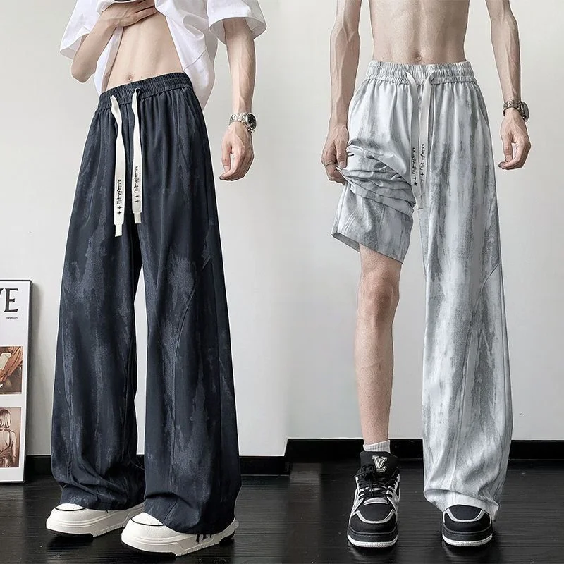 Trendy Men's Summer Loose Thin Wide Leg Pants Ice Silk Casual Long Tied Dyeing Hong Kong Style Fashionable Straight Leg Jeans