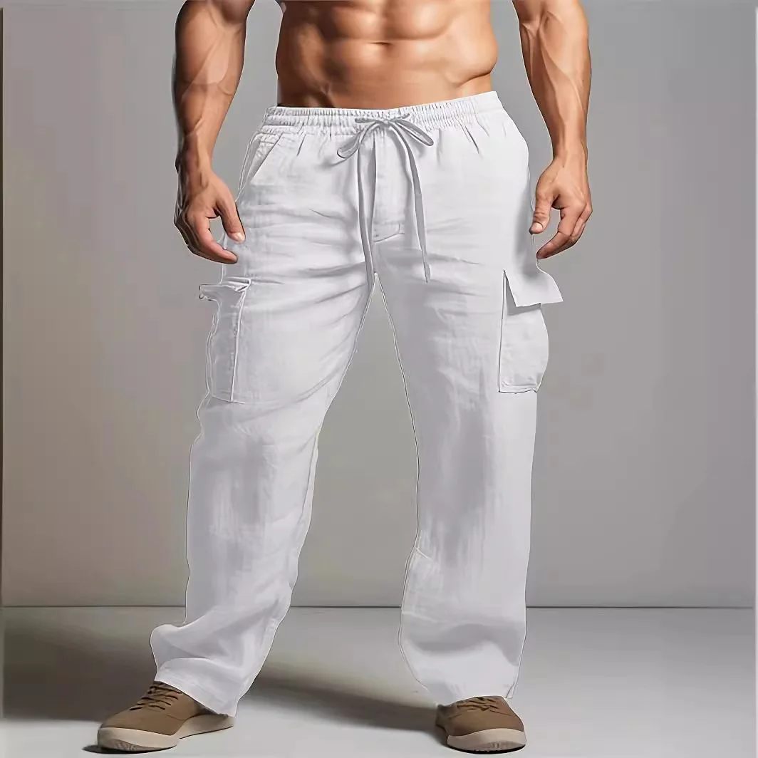 

GELITAYIN Classic Vintage Straight Linen Pants Men Casual Solid Color Loose Long Pant Spring New Daily Comfort Trousers For