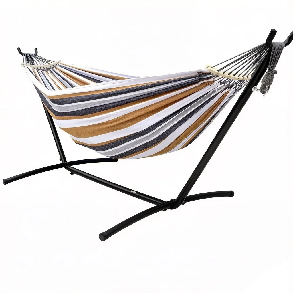 Anti-fall iron bracket, coffee canvas queen hammock, single package + wooden stick
