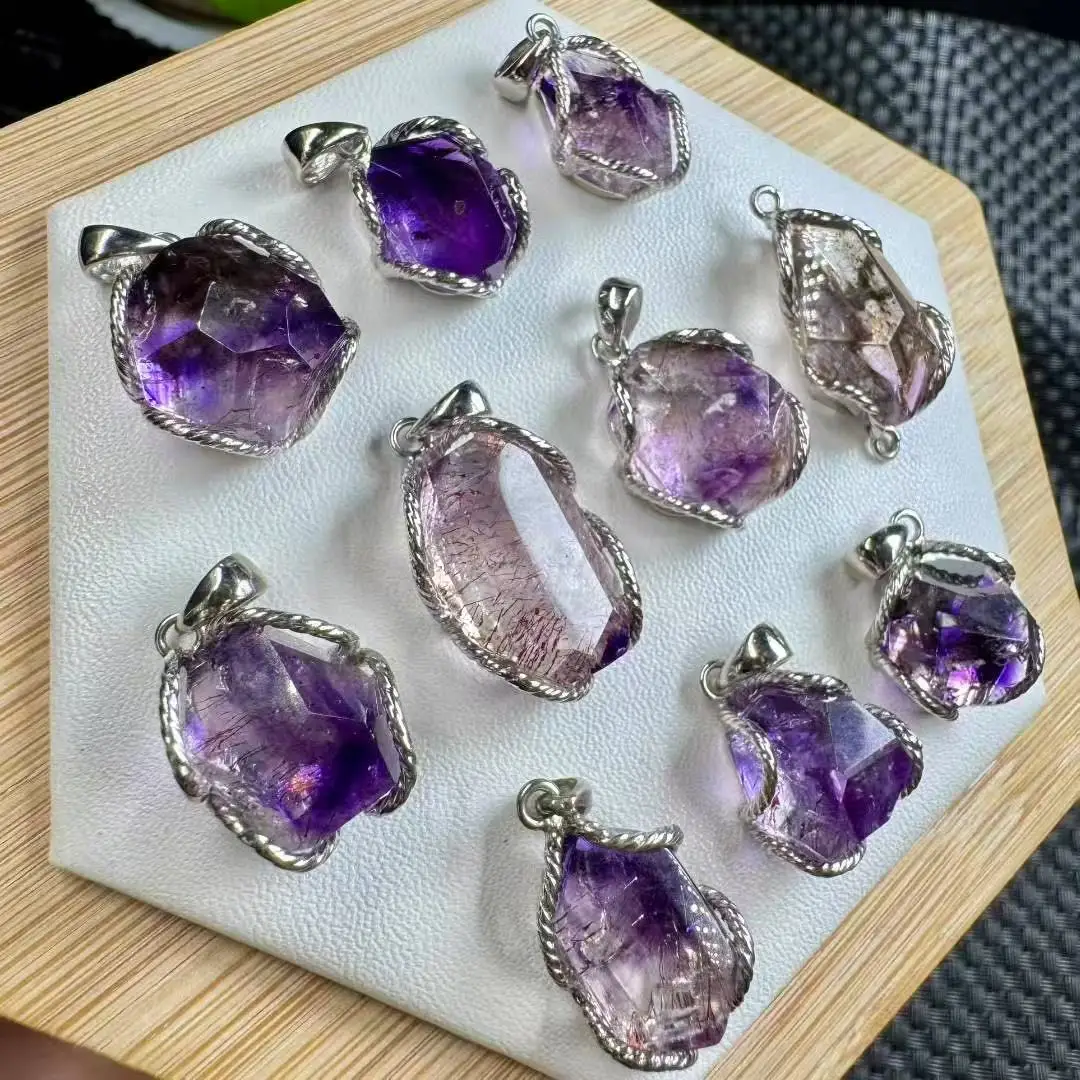 

Unit One Piece 925 Silver Inlay With Good Quality Natural Super Seven Quartz Crystal Healing Free Form Stone Pendant For Gift