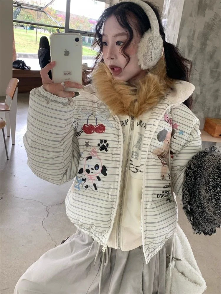 Parka con stampa cartoon preppy donna inverno vintage a righe Kawaii cappotti caldi gonfi colletto alla coreana retrò americano capispalla streetwear