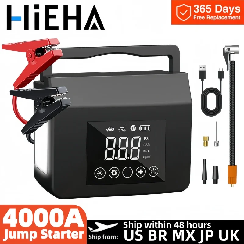 Hieha Portable Car Jump Starter 4000A 12V Portable Car Battery Charger, 150PSI Tire Inflator, 15000mAh Power Bank With LED Light