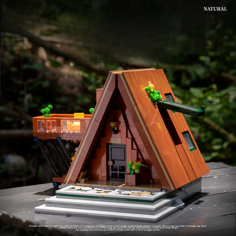 Casa de espinha de peixe intermotana moc jd038 tijolos de arquitetura de madeira modelo de cabine triangular blocos de construção ideias para presentes brinquedo crianças