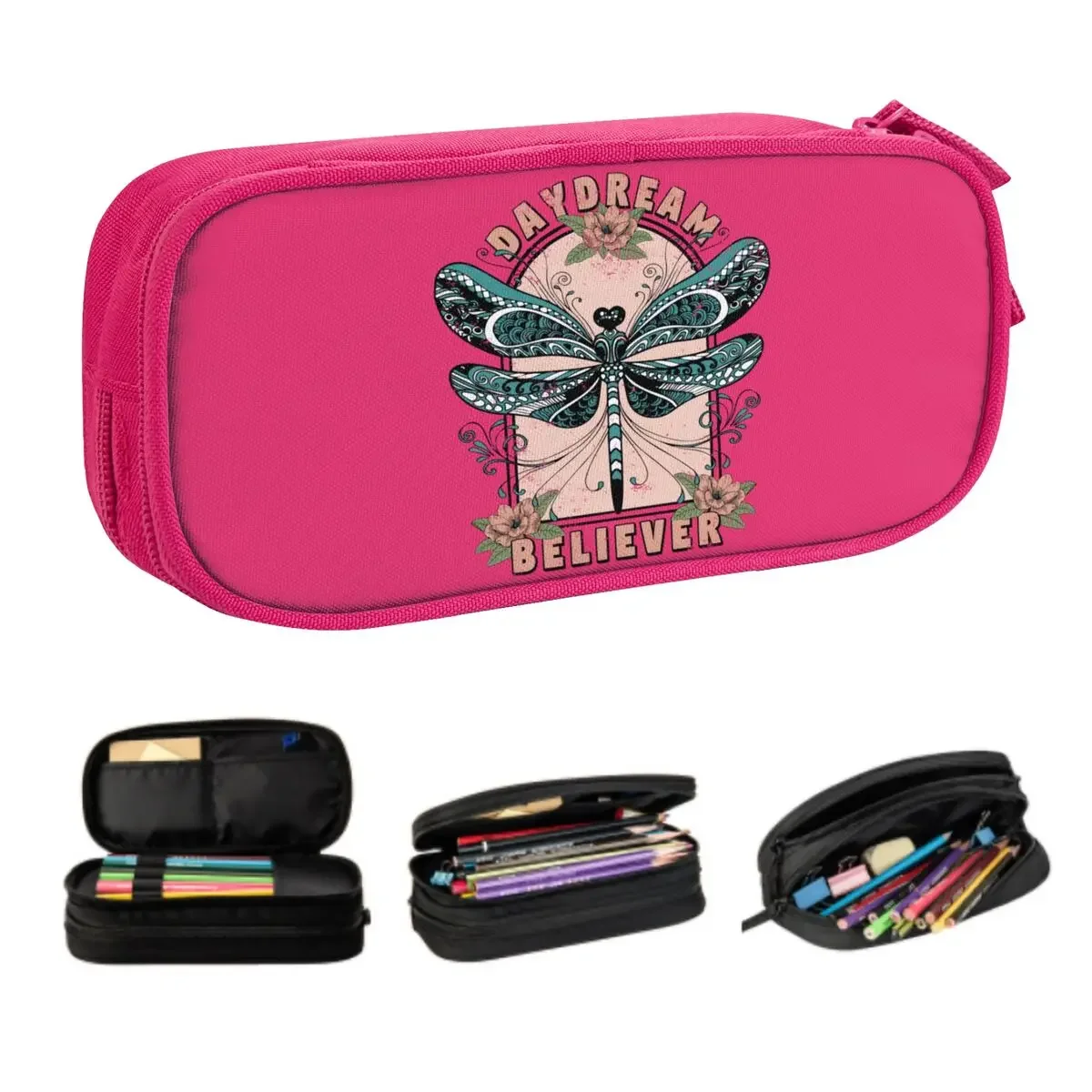 Custom Cute Dragonfly Floral Kawaii Pencil Cases Boys Gilrs Large Capacity Pencil Pouch Students Stationery