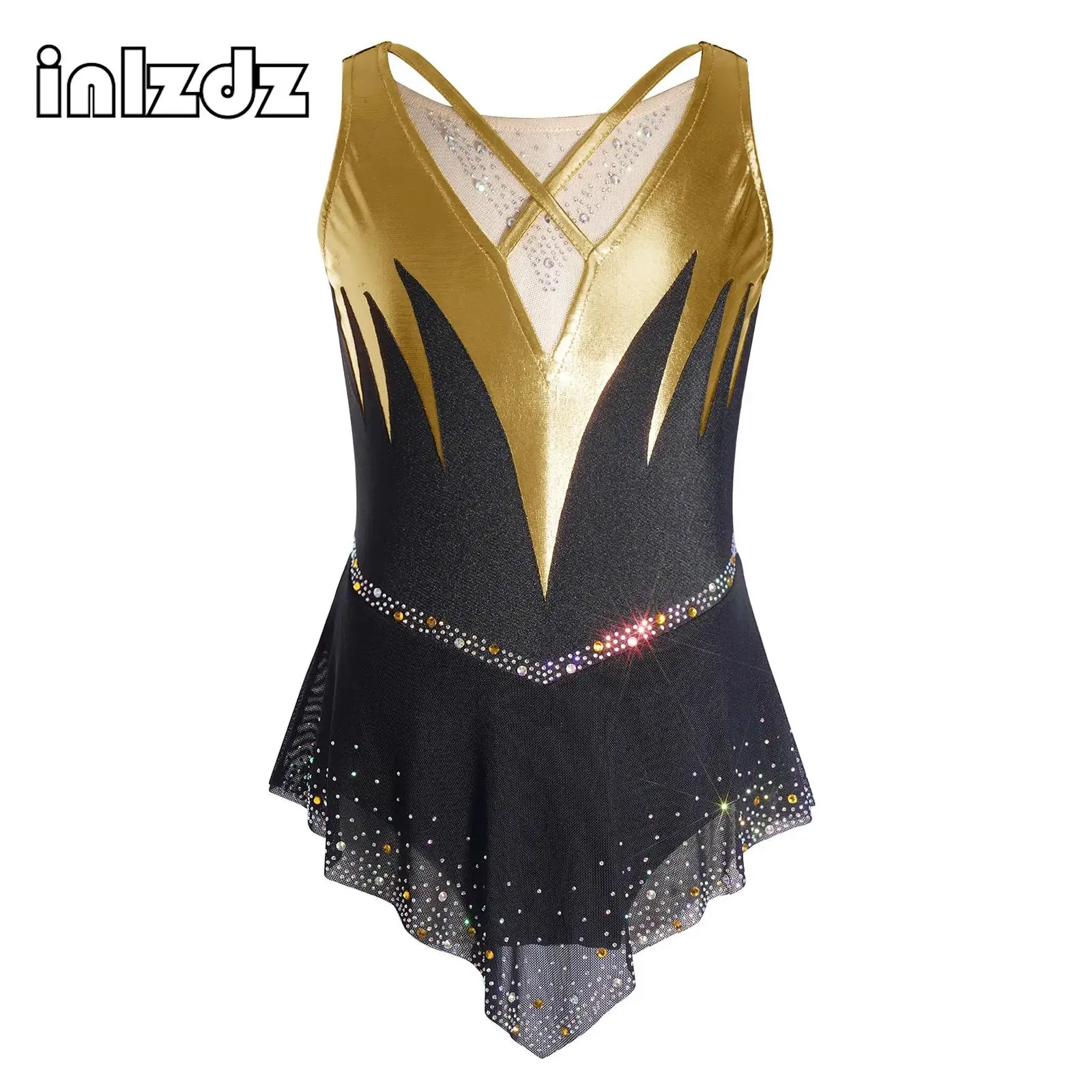 Kids Girls Acrobatics Gymnastics Figure Skating Ballet Dance Costume Sleeveless Cross Front Mesh Rhinestone Dress Dancewear