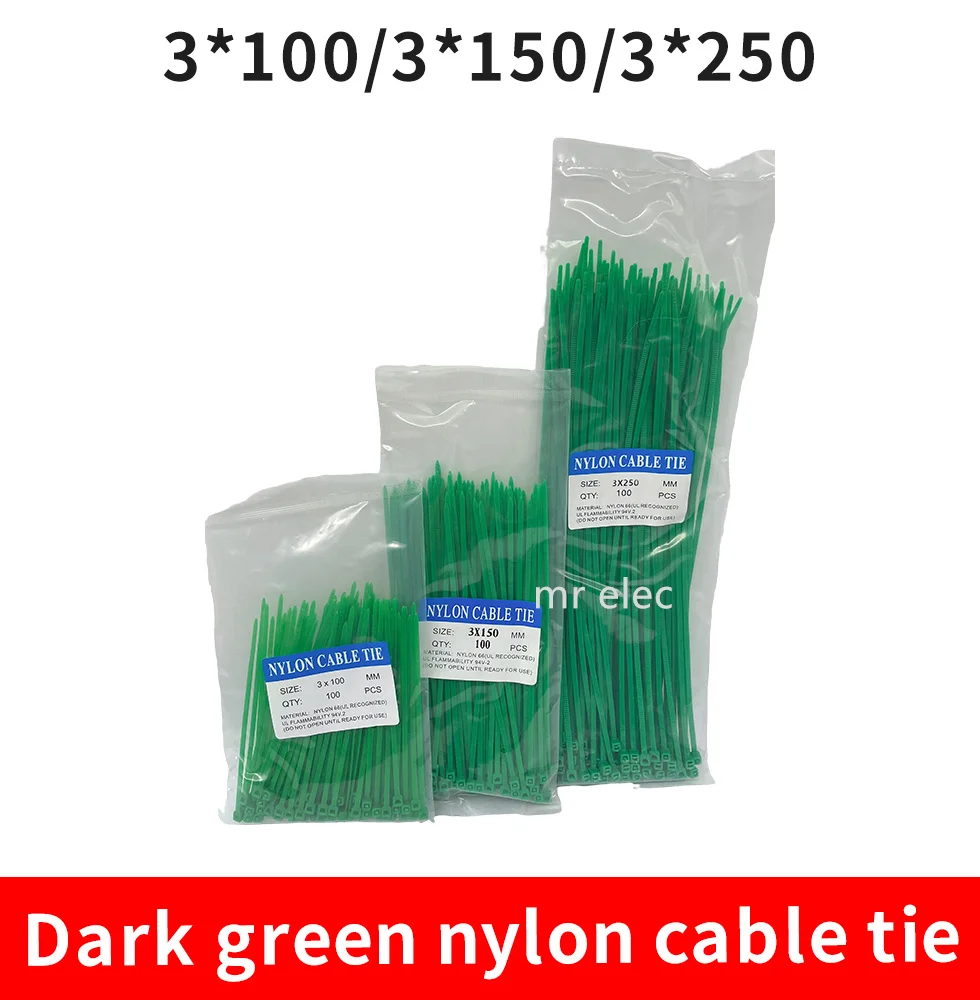 300pcs Nylon Cable Ties inculdes 3sizes 3*100 3*150 3*250 green Color National Standard Self-locking Plastic Wire Zip Tie