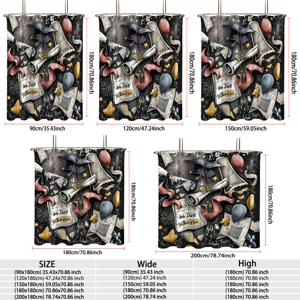 Funny Graduation Shower Curtain Bathroom Decor Diploma Graduation Cap Class of 202X Aesthetic Trendy Black Background 90x180cm