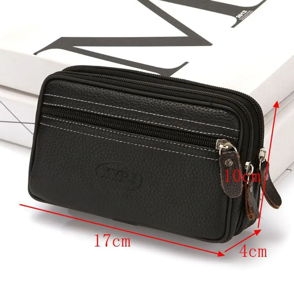 Durable PU Leather Man Belt Pouch 6.5inch Zipper Phone Waist Bag Modern Multiple Layers Phone Belt Clip Bag Outdoor Camping