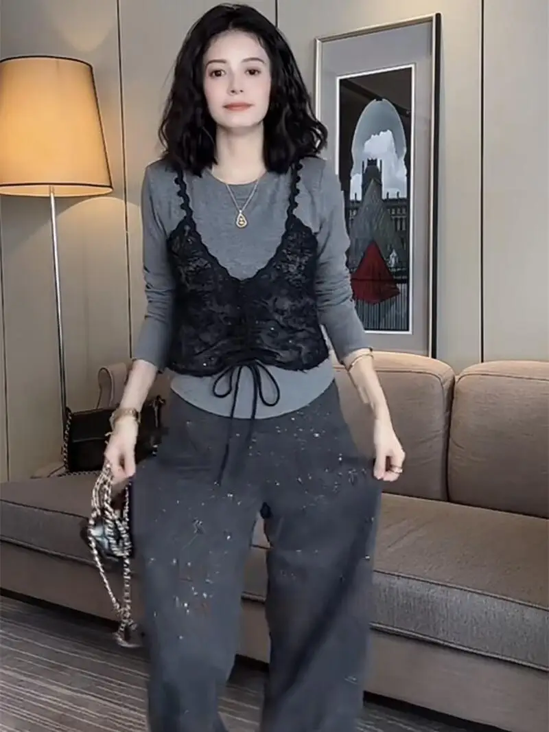 Cseta de Moda con Cuello Redondo y Tirantes de Encaje, Estilo E, Top Casual de Manga Larga para Mujer, Estilo Infor...