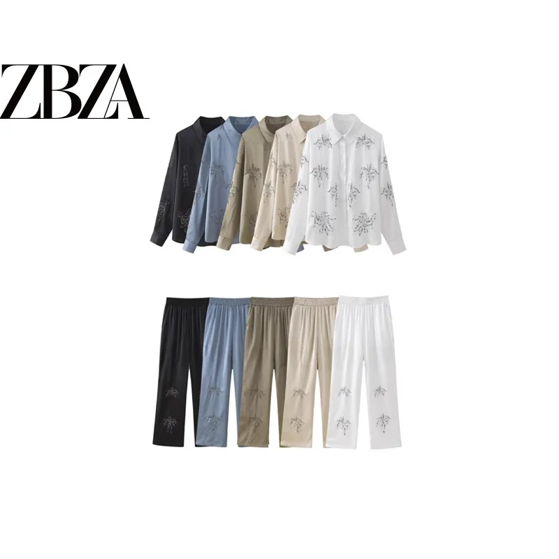 Fashionable Chinese Style Long Sleeve Shirt And Pants Set Beaded Embroidery Women's Autumn Collection Elegant Classy Outfit