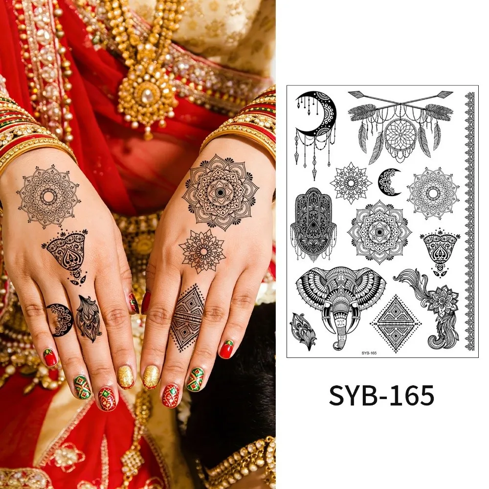 Water Transfer Decals Mandala Henna Tattoo Stickers India Mehndi Flower Instant Henna Temporary Tattoo Waterproof Fake