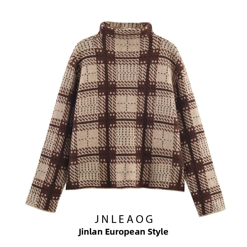 Faionable اللون بلو منقوشة محبوك سترة JNLEAOG المرأة الخريف جديد Sle فضفاضة تناسب طويلة Sve ألياف البوليستر الدفء #1