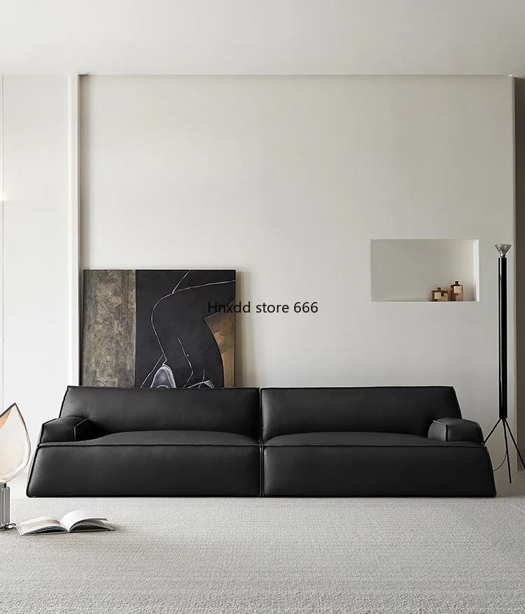 Italian black leather minimalist straight sofa